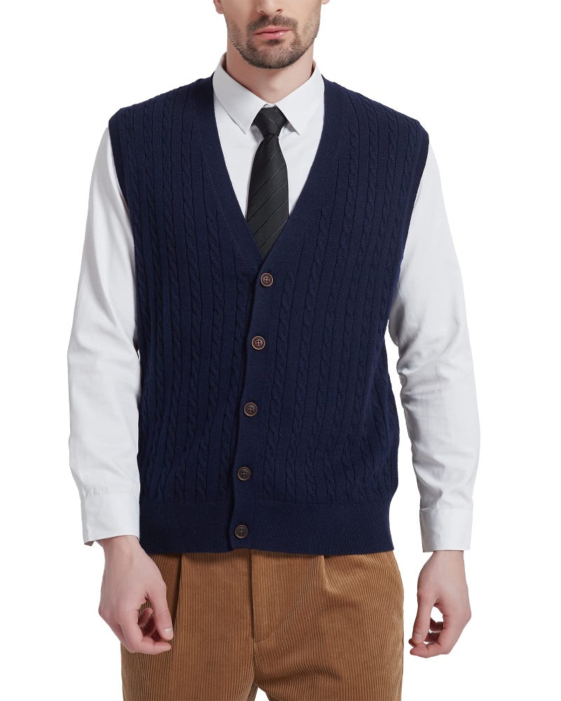 Kallspin Men's Cable Knit Sweater Vest Wool Blend V Neck Button Down Sleeveless Cardigan Vest(Navy Blue, 2X-Large) - Image 1